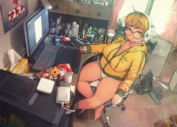 1girl adidas ahoge akira_(manga) barefoot blonde_hair bottle box breasts brown_eyes can cardboard_box chair cigarette cigarette_pack cleavage collarbone commentary computer computer_keyboard computer_mouse cup desk desk_lamp drawing_tablet female_focus glasses headset hood hoodie lamp large_breasts looking_away messy_room mole mole_on_thigh monamin monitor mug multicolored_hair nail_polish office_chair open_mouth original otaku_room panties plump poster_(object) red-framed_eyewear room short_hair sitting smoke smoking solo swivel_chair thick_eyebrows thighs tissue_box underwear white_panties window work_gloves