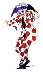 1boy artist_name beetlejuice beetlejuice_(character) betelgeuse_(megami_tensei) black_nails black_necktie boots dots facial_mark fingernails forehead_mark formal_clothes full_body grey_hair highres jewelry kazuma_kaneko male_focus mask nail_polish necklace necktie official_art open_mouth pale_skin pointy_ears red_eyes retro_artstyle sharp_fingernails shin_megami_tensei solo suit tongue tongue_out