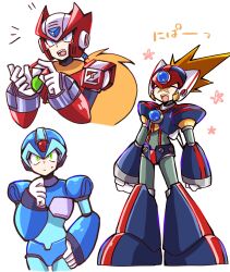 Rule 34 | 3boys, absurdres, android, armor, axl (mega man), black armor, black helmet, blonde hair, blue armor, blue helmet, brown hair, chest jewel, closed eyes, cowboy shot, forehead jewel, full body, helmet, highres, long hair, male focus, mega man (series), mega man x (series), meshiuma0x, multiple boys, red armor, red helmet, shoulder armor, simple background, spiked hair, upper body, white background, zero (mega man)