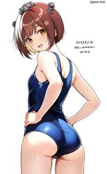 1girl ass bare_arms blonde_hair blue_one-piece_swimsuit blush brown_eyes brown_hair colored_inner_hair commentary_request dated flower hair_flower hair_ornament hanako_(peanut) hands_on_own_hips highres kantai_collection looking_at_viewer multicolored_hair one-piece_swimsuit open_mouth school_swimsuit short_hair simple_background smile solo swimsuit two-tone_hair white_background yukikaze_(kancolle)