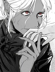 Rule 34 | baldur&#039;s gate, baldur&#039;s gate 3, crutch c, dark-skinned female, dark elf, dark skin, dungeons & dragons, dungeons &amp; dragons, elf, highres, kiss, kissing hand, minthara, orin the red, pointy ears, portrait, red eyes, spot color, white hair