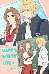 Rule 34 | 1boy, 1girl, aerith gainsborough, alternate costume, ameiro0814, bag, black jacket, blonde hair, blue eyes, bow, bowtie, braid, braided ponytail, brown hair, chalk, chalkboard, closed eyes, cloud strife, cloud strife (midgard seventh high school), collared shirt, cowboy shot, dated, earrings, final fantasy, final fantasy vii, final fantasy vii ever crisis, furrowed brow, gakuran, green eyes, hair ribbon, hand in pocket, holding, holding chalk, jacket, jewelry, long hair, looking at another, multiple views, official alternate costume, open mouth, parted bangs, pink ribbon, red bow, red bowtie, red sailor collar, red skirt, ribbon, sailor collar, school uniform, shirt, short hair, short sleeves, shoulder bag, sidelocks, single braid, single earring, skirt, sleeves rolled up, smile, spiked hair, sweatdrop, twitter username, upper body, white shirt