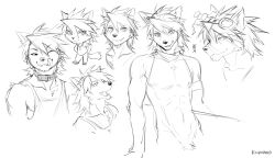 1boy abs artist_name bara bare_pectorals biceps chibi closed_mouth collarbone commentary english_commentary fangs furry furry_male grin highres koiyaroid kouya_aotsuki looking_at_viewer male_focus morenatsu multiple_views muscular muscular_male navel nipples pectorals sketch smile tank_top toned toned_male tongue tongue_out topless_male unfinished white_background
