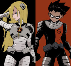 1boy 1girl absurdres armor bandaged_leg bandaged_torso bandages belt belt_pouch black_background black_hair blonde_hair blue_eyes breastplate closed_mouth cornfarm cowboy_shot dc_comics dick_grayson eye_mask hair_ornament highres long_hair looking_at_viewer orange_background pouch robin_(dc) shoulder_armor simple_background spiked_hair teen_titans terra_(dc) two-tone_background