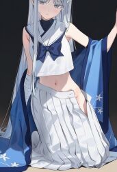 1girl ai-generated bandaged_arm bandages blue_archive blue_bow blue_haori blush bow colored_eyelashes hakama hakama_skirt haori highres japanese_clothes kneeling long_hair looking_at_viewer nagusa_(blue_archive) navel poki_(j0ch3fvj6nd) sailor_collar school_uniform serafuku shirt skirt snowflake_print white_eyelashes white_eyes white_hair white_shirt white_skirt