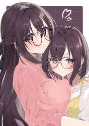 2girls absurdres black-framed_eyewear blush bob_cut border borumete breasts brown_background brown_hair closed_mouth collared_shirt commentary_request from_side frown glasses grid_background hair_ornament heart highres hug large_breasts long_hair looking_at_viewer medium_hair multiple_girls original pink_shirt puffy_sleeves purple_eyes round_eyewear shirt siblings sisters smile three-quarter_sleeves upper_body white_border white_shirt
