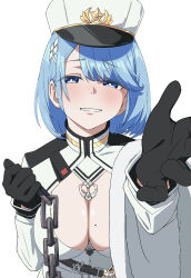 1girl azur_lane baasaku_(balasaku24) black_gloves blue_eyes blue_hair blush breasts chain chapayev_(azur_lane) cleavage cleavage_cutout clothing_cutout gloves hat highres large_breasts long_sleeves looking_at_viewer mole mole_on_breast parted_lips peaked_cap reaching reaching_towards_viewer short_hair simple_background smile solo swept_bangs upper_body white_background white_hat wide_sleeves