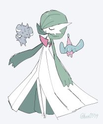 animal_focus closed_eyes closed_mouth colored_skin espurr gardevoir gen_3_pokemon gen_6_pokemon gen_8_pokemon green_hair grey_background han0579 hatenna highres nintendo no_humans open_mouth pokemon pokemon_(creature) pokemon_focus simple_background smile white_skin