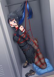 1girl absurdres anal_hook arms_behind_back ball_gag black_hair black_pantyhose blazer blue_eyes blue_hair breasts collared_shirt drooling full_body gag gagged highres hogtie in_locker jacket locker long_hair looking_at_viewer medium_breasts multicolored_hair original pantyhose pleated_skirt restrained shibari shibari_over_clothes shirt shoes skindentation skirt solo suspension t_zhonglang very_long_hair white_shirt