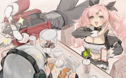 Rule 34 | 1boy, 2girls, absurdres, anby demara, billy kid, black short, blush, breasts, burger, cleavage, dodo (yatotoyatoto), earrings, eating, food, green eyes, headphones, highres, holding, holding food, jacket, jewelry, large breasts, long hair, lying, mole, mole under eye, multiple girls, navel, nicole demara, on back, open mouth, pink hair, red jacket, short hair, short shorts, shorts, smile, sparkle, white hair, zenless zone zero
