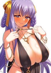 Rule 34 | 1girl, bare shoulders, bb (fate), bb dubai (fate), black dress, blush, bracelet, braid, braided hair rings, breasts, center opening, cleavage, covered erect nipples, dress, fate/grand order, fate (series), furrowed brow, guriguri (arayotto4351), hair ribbon, hair rings, heavy breathing, highres, huge breasts, jewelry, long hair, looking at viewer, necklace, purple eyes, purple hair, ribbon, side slit, sideboob, smile, solo, twin braids, variant set, very long hair, yellow ribbon