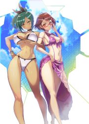 10s 2girls 3: absurdres adjusting_eyewear bangle barefoot bikini blush bracelet breasts brown_eyes brown_hair character_request choker cleavage erica_candle floral_print glasses green_hair hair_ornament hair_ribbon hairclip highres hundred_(light_novel) jewelry large_breasts liddy_steinberg medium_breasts multiple_girls navel ookuma_nekosuke open_mouth ponytail purple_bikini red-framed_eyewear ribbon sarong semi-rimless_eyewear short_hair swimsuit third-party_source toned under-rim_eyewear white_bikini yellow_eyes