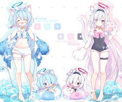 4girls alternate_costume animal_ear_fluff animal_ears animal_hands arm_up arona_(blue_archive) barefoot black_outline blue_archive blue_hair blue_halo blue_jacket blue_shirt blush braid casual_one-piece_swimsuit cat_ears cat_girl cat_tail character_name chibi closed_eyes covered_navel crop_top expressionless feet full_body gloves grey_eyes hairband halo innertube jacket loli long_hair midriff miniskirt multiple_girls navel off_shoulder one-piece_swimsuit open_clothes open_jacket open_mouth outline paw_gloves plana_(blue_archive) red_halo ribbon shirt short_hair skirt sleeveless sleeveless_shirt sleeves_past_wrists smile standing stomach subin_(subin_2011) swim_ring swimsuit tail thigh_strap thighs toes water white_gloves white_hair white_ribbon white_skirt