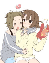 &gt;_&lt; 2girls arm_around_neck bag bag_of_chips blue_shorts blush broken_heart brown_eyes brown_hair commentary english_commentary grey_shirt heart highres hirasawa_yui holding holding_bag k-on! long_sleeves multiple_girls off-shoulder_shirt off_shoulder open_mouth shaofangziran shirt short_hair shorts simple_background sitting sitting_on_lap sitting_on_person tainaka_ritsu tears white_background white_shorts yellow_shirt yuri