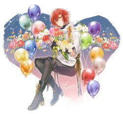 Rule 34 | 1boy, anniversary, balloon, black boots, black pantyhose, black shorts, blue background, blue flower, boots, border, bouquet, camellia, cross-laced clothes, fading border, flower, full body, gradient background, hair between eyes, hair flower, hair ornament, hairclip, half updo, hanasaki miyabi, hanasaki miyabi (1st costume), hibiscus, high heel boots, high heels, highres, holding, holding bouquet, holostars, lace-up boots, layered sleeves, light blush, long sleeves, looking at viewer, male focus, orange flower, orange rose, outside border, pantyhose, pink flower, pink tulip, red flower, red hair, red tulip, ribbon, rose, shirt, short hair, short over long sleeves, short sleeves, shorts, sitting, smile, solo, tulip, turtleneck, turtleneck shirt, virtual youtuber, white border, white flower, white rose, white shirt, yellow eyes, yellow flower, yellow ribbon, yellow rose, yuu5078