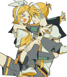 &gt;_&lt; 1boy 1girl ahoge b_cm2 bare_shoulders belt black_shorts black_sleeves black_socks blonde_hair blue_eyes blush_stickers bow carrying crop_top detached_sleeves eyes_visible_through_hair fang hair_between_eyes hair_bow hair_ornament hairclip hand_on_another&#039;s_back hand_on_another&#039;s_thigh happy headset kagamine_len kagamine_rin kneehighs looking_at_another loose_belt loose_socks neckerchief necktie open_mouth outstretched_arms parted_bangs ponytail princess_carry puffy_short_sleeves puffy_sleeves sailor_collar shirt shoes short_ponytail short_sleeves shorts single_blush_sticker sitting sitting_on_lap sitting_on_person skin_fang sleeveless sleeveless_shirt smile socks sweatdrop vocaloid white_background white_bow white_shirt white_shoes yellow_belt yellow_nails yellow_neckerchief yellow_necktie