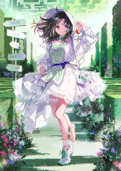 1girl barefoot black_hair dress frilled_thigh_strap highres hood hoodie looking_at_viewer purple_eyes shoes socks solo thigh_strap tiv unworn_shoes white_dress white_hoodie white_socks