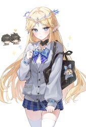 1boy 2girls adjusting_bowtie alternate_costume bag bag_charm black_bag black_collar black_hair blonde_hair blue_bow blue_bowtie blue_eyes blue_skirt blush bow bowtie cartethyia_(wuthering_waves) character_charm charm_(object) closed_mouth collar collarbone collared_shirt commentary cowboy_shot crown_of_thorns earrings female_rover_(wuthering_waves) fleurdelys_(wuthering_waves) flying_sweatdrops grey_sweater heart highres jewelry long_hair long_sleeves looking_at_viewer male_rover_(wuthering_waves) miho_(mymiho) multiple_girls necklace plaid_clothes plaid_skirt pleated_skirt pointy_ears ring rover_(wuthering_waves) school_bag school_uniform shirt sidelocks simple_background skirt sparkle sparkling_aura striped_bow striped_bowtie striped_clothes sweater symbol-only_commentary tacet_mark_(wuthering_waves) thighhighs thighs thumbs_up very_long_hair white_background white_shirt white_thighhighs wuthering_waves yellow_eyes