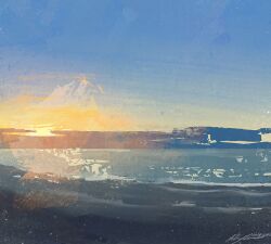 Rule 34 | artist name, blue sky, day, glowing, horizon, landscape, no humans, original, outdoors, painterly, reflection, reflective water, scenery, signature, sky, sunrise, water, zandra