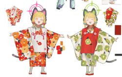 2girls alternate_costume animal_ear_headphones animal_ears blonde_hair blue_archive blue_bow blunt_bangs bow cat_ear_headphones cat_tail closed_eyes color_guide commentary facing_viewer fake_animal_ears fake_tail floral_print floral_print_kimono full_body furisode green_kimono hair_bow halo headphones hifu highres japanese_clothes kimono long_sleeves looking_at_viewer low-tied_sidelocks midori_(blue_archive) momoi_(blue_archive) multicolored_kimono multiple_girls multiple_hair_bows niunaigaoban okobo open_mouth orange_kimono outstretched_arms pink_bow pink_eyes platform_sandals print_kimono red_kimono reference_inset sandals short_hair sidelocks simple_background smile spread_arms symbol-only_commentary tail w white_background white_kimono wide_sleeves
