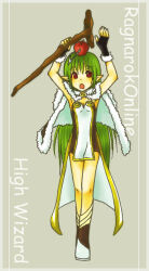 1girl :o apple_on_head ark_kan arms_up arrow_through_apple black_gloves boots breasts brown_boots brown_dress cape character_name comic_sans commentary_request copyright_name dress fingerless_gloves full_body fur-trimmed_cape fur-trimmed_gloves fur_trim gloves green_hair grey_background high_wizard_(ragnarok_online) holding holding_staff layered_dress long_hair looking_at_viewer lowres multicolored_boots open_mouth pointy_ears ragnarok_online red_eyes short_dress small_breasts solo staff standing strapless strapless_dress two-tone_boots two-tone_dress white_boots white_dress