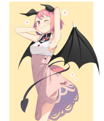 1girl arm_up armpits black_wings blush breasts brown_background demon_girl demon_horns demon_tail demon_wings dress grin horns looking_at_viewer one_eye_closed original pink_dress pink_hair red_eyes saiste shirt sleeveless sleeveless_shirt small_breasts smile solo standing tail two-tone_background white_background white_shirt wings