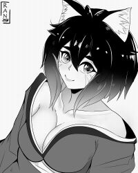 absurdres animal_ears breasts cat_ears collarbone happy highres japanese_clothes kimono kitsune looking_at_viewer medium_breasts monochrome ran_sk short_hair simple_background smile tagme