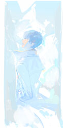 1boy chinese_text coat grey_hair grin hair_over_eyes hands_in_pockets head_tilt highres kim_dokja lantercat male_focus omniscient_reader&#039;s_viewpoint partially_colored pastel_colors pillarboxed smile solo white_coat white_theme