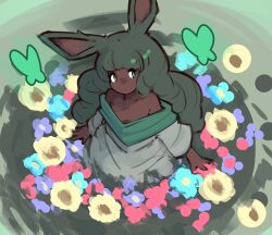 Rule 34 | 1girl, animal ears, arms at sides, bare shoulders, bug, butterfly, dark-skinned female, dark skin, dress, druid rabbit, floral background, flower, green butterfly, green eyes, grey dress, highres, insect, long hair, mino dev, rabbit and steel, rabbit ears, rabbit girl, solo, strapless, two-tone dress, very long hair