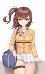 1girl bad_id bad_pixiv_id bag blue_eyes brown_hair character_request duffel_bag hair_bobbles hair_ornament highres jacket kbn317 last_origin long_sleeves looking_at_viewer medium_hair side_ponytail simple_background skirt solo standing thigh_strap tomo_(last_origin) white_background white_skirt yellow_jacket