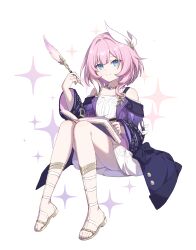 1girl absurdres bare_shoulders blue_eyes book closed_mouth coat commentary_request cyrene_(honkai:_star_rail) dress feet full_body hair_ornament highres holding holding_pen honkai:_star_rail honkai_(series) knees_together_feet_apart legs looking_at_viewer luyue pen pink_coat pink_hair sandals smile solo toenails toes white_dress