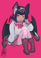 1girl animal_ears bat_ears bat_girl black_hair blue_hair blush boots brown_boots common_vampire_bat_(kemono_friends) dark-skinned_female dark_skin extra_ears fangs frilled_skirt frilled_sleeves frills grey_skirt headdress kemono_friends long_sleeves looking_at_viewer multicolored_hair neckerchief open_mouth pantyhose pink_background pink_neckerchief pink_pantyhose pleated_skirt pppg_gg purple_hair red_eyes sailor_collar shirt short_hair sitting skirt solo white_shirt