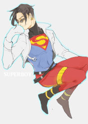 1boy alien animification belt black_hair blue_eyes bodysuit boots character_name cropped_jacket dc_comics earrings full_body grey_background jacket jewelry kon-el male_focus s_shield simple_background skyness solo spandex sunglasses superboy superhero_costume superman_(series)