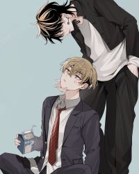 2boys :p anger_vein bent_over black_hair black_jacket black_pants blonde_hair carton closed_mouth collared_shirt commentary cropped_jacket crossed_bangs diagonal-striped_clothes diagonal-striped_necktie drink drinking_straw earrings grey_background grey_eyes hair_between_eyes hand_in_pocket hand_on_another&#039;s_chin hand_up hanemiya_kazutora highres holding_carton jacket jewelry lapels light_brown_hair long_sleeves looking_at_another looking_up male_focus matsuno_chifuyu medium_hair milk_carton multicolored_hair multiple_boys neck_tattoo necktie neconecowc open_clothes open_jacket pants parted_lips profile red_necktie shirt short_hair sidelocks simple_background sitting standing striped_clothes striped_necktie symbol-only_commentary tattoo tokyo_revengers tongue tongue_out two-tone_hair undercut white_shirt wing_collar