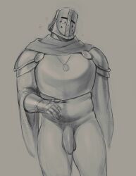 1boy armor bara belly bottomless breastplate cowboy_shot dark_souls_(series) facing_viewer flaccid foreskin greyscale groin helmet highres jewelry knight large_pectorals looking_at_viewer male_focus monochrome muscular muscular_male navel navel_hair necklace pectorals penis pubic_hair sleepysolaire solaire_of_astora solo sparkle sparkling_aura standing stomach uncensored