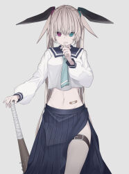 1girl aqua_eyes aqua_neckerchief baseball_bat belt blonde_hair blue_sailor_collar blue_skirt chaos_alice_(gakuen)_(grimms_notes) clenched_teeth cowboy_shot cropped_shirt finger_to_mouth grimms_notes grimms_notes_gakuen heterochromia highres holding holding_baseball_bat holding_weapon iumi_urura long_hair long_sleeves looking_at_viewer midriff nail_(hardware) nail_bat navel neckerchief pink_eyes pleated_skirt puffy_long_sleeves puffy_sleeves sailor_collar school_uniform serafuku simple_background skirt solo teeth thigh_belt thigh_strap thighs twintails very_long_hair weapon white_background white_serafuku