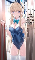 1girl absurdres animal_ears aqua_bow aqua_bowtie blonde_hair blue_archive blue_eyes blue_hairband blue_halo blue_leotard bow bowtie breasts commentary commission covered_navel detached_collar door earpiece english_commentary english_text fake_animal_ears hairband halo highleg highleg_leotard highres leotard long_hair looking_at_viewer official_alternate_costume playboy_bunny rabbit_ears solo speech_bubble standing strapless strapless_leotard tetsuffy_(tetsulul) thighhighs toki_(blue_archive) toki_(bunny)_(blue_archive) white_thighhighs white_wrist_cuffs wrist_cuffs