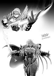 1girl aquila_(symbol) armor arms_up bird blood blood_on_face blood_splatter breastplate breasts cape cleavage cleavage_cutout closed_mouth clothing_cutout eagle emperor&#039;s_children fulgrim full_armor genderswap genderswap_(mtf) greyscale grin highres holding holding_sword holding_weapon imperial_aquila large_breasts mole mole_under_eye monochrome multiple_views pauldrons primarch ryuusei_(mark_ii) shoulder_armor signature simple_background smile standing sword warhammer_40k weapon white_background