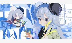 Rule 34 | 1girl, animal, arknights, bird, black dress, blush, brown jacket, bun cover, chibi, chibi inset, commentary, double bun, dress, feather hair, grey eyes, grey hair, hair bun, highres, holding, holding animal, holding bird, holding plant, holding scissors, indoors, jacket, letterboxed, long hair, looking at viewer, mulberry (arknights), mulberry (plant crude drug) (arknights), multiple views, parted lips, plant, scissors, shelf, shirota (petapeta84), very long hair, watermark, window