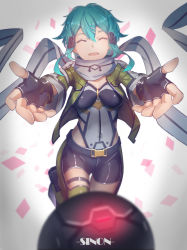1girl absurdres black_gloves blue_hair breasts commentary_request confetti covered_navel explosive closed_eyes fingerless_gloves foreshortening gloves grenade hair_between_eyes highres lu&quot; medium_breasts medium_hair photoshop_(medium) scarf short_hair short_shorts shorts sinon spoilers sword_art_online thigh_gap thighhighs thighs white_background white_scarf