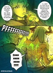 1boy 1girl absurdres back blonde_hair commentary dragon_girl dragon_horns earrings english_commentary english_text highres horns jewelry long_hair looking_at_another muscular muscular_female original outdoors potion priest red_horns senukin sitting speech_bubble spitting