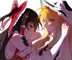 Rule 34 | 2girls, black hat, black vest, blonde hair, bow, braid, breasts, brown hair, chest sarashi, chinese commentary, closed mouth, commentary request, detached sleeves, ff (pixiv 104744337), frilled bow, frilled hair tubes, frills, hair bow, hair tubes, hakurei reimu, hat, hat bow, highres, holding hands, interlocked fingers, kirisame marisa, light smile, long hair, multiple girls, red bow, ribbon-trimmed sleeves, ribbon trim, sarashi, side braid, single braid, touhou, vest, white bow, witch hat, yellow eyes, yuri