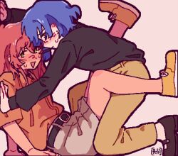 2girls against_wall belt black_shirt black_shoes blue_hair blush bocchi_the_rock! box closed_mouth green_eyes hiimross in_box in_container kita_ikuyo kneeling knees_up leaning_forward legs_up long_sleeves looking_to_the_side medium_hair multiple_girls open_mouth pants red_hair shirt shoes short_hair short_sleeves sitting sweatdrop yamada_ryo yellow_eyes yellow_pants yellow_shoes yuri