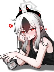 1girl :t anger_vein asahi_breweries beer_can black_hair black_horns black_shirt blue_archive blush can closed_mouth collarbone commentary_request demon_horns drink_can ear_piercing gradient_hair grey_hair hair_between_eyes hair_down halo hand_on_own_cheek hand_on_own_face head_rest highres holding holding_own_hair horns kayoko_(blue_archive) long_hair looking_at_viewer lying manli mole mole_on_collarbone multicolored_hair on_stomach piercing pout red_eyes shirt shoulder_tattoo sidelocks simple_background solo tattoo tearing_up v-shaped_eyebrows white_background