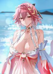 1girl absurdres bare_shoulders black_bow blue_sky blurry blurry_background body_markings bow breasts bright_pupils changli_(laurel_nymph)_(wuthering_waves) changli_(wuthering_waves) cleavage closed_mouth collarbone colored_extremities commentary day dress hair_between_eyes hair_bow hair_intakes head_wreath highres large_breasts looking_at_viewer multicolored_hair official_alternate_costume orange_eyes outdoors pink_hair red_dress red_hands rin0_(gujrv) sky smile solo tacet_mark_(wuthering_waves) two-tone_hair wet white_hair white_pupils wuthering_waves