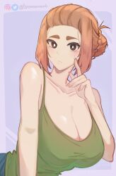 Rule 34 | 1girl, absurdres, artist name, bare shoulders, black eyes, blush, breasts, brown hair, cleavage, closed mouth, commentary, english commentary, green shirt, hair bun, highres, instagram logo, instagram username, kaii to otome to kamikakushi, knowname, large breasts, looking at viewer, mole, mole under eye, ogawa sumireko, shirt, sidelocks, simple background, single hair bun, sleeveless, sleeveless shirt, solo, sweat, twitter logo, twitter username