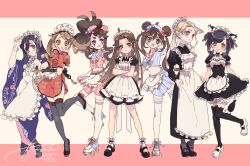 absurdres animal_ears apron black_dress black_hair blonde_hair brown_hair cat_ears china_dress chinese_clothes commentary_request crossed_arms dawn_(pokemon) dress floral_print floral_print_kimono frills hand_up hands_up highres hilda_(pokemon) holding holding_tray japanese_clothes juliet_sleeves kimono leaf_(pokemon) leg_up light_brown_hair long_dress long_hair long_sleeves looking_at_viewer maid maid_apron maid_headdress may_(pokemon) midriff mixed_maids multiple_girls nintendo pleated_skirt pokemon pokemon_bw pokemon_bw2 pokemon_dppt pokemon_frlg pokemon_oras pokemon_sm pokemon_tail pokemon_xy print_kimono puffy_short_sleeves puffy_sleeves roller_skates rosa_(pokemon) selene_(pokemon) serena_(pokemon) shirt short_sleeves skates skirt standing standing_on_one_leg striped_clothes striped_shirt tail thighhighs tiptoes tray two-tone_background uenoike_(194753) unconventional_maid vertical-striped_clothes vertical-striped_shirt visor_cap wa_maid