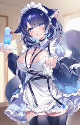 1girl absurdres animal_ear_fluff animal_ears apron between_breasts black_thighhighs blue_eyes blue_hair blurry blurry_background blush breasts cherry chest_harness cleavage collared_dress colored_inner_animal_ears colored_inner_hair commentary cup dress drinking_glass duchi0356 eyes_visible_through_hair food frilled_apron frilled_hairband frills fruit furrowed_brow hair_between_eyes hair_ornament hairband hands_up harness heart heart_o-ring highres holding holding_napkin holding_plate indoors juliet_sleeves large_breasts light_particles long_sleeves looking_at_viewer maid maid_apron maid_headdress multicolored_hair o-ring open_mouth original plate puffy_sleeves shaved_ice short_hair solo standing strap tail thighhighs thighs two-tone_dress white_apron white_dress