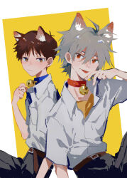 2boys :/ absurdres animal_ears bell belt black_pants blue_collar brown_eyes cat_ears collar collared_shirt grey_hair highres ikari_shinji kemonomimi_mode male_focus medium_hair mogutofuoes multiple_boys nagisa_kaworu neck_bell neon_genesis_evangelion pants red_collar red_eyes shirt short_hair simple_background tongue tongue_out two-tone_background undershirt white_background white_shirt yellow_background yellow_shirt