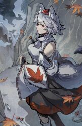 Rule 34 | 1girl, animal ear fluff, animal ears, bare shoulders, black bridal gauntlets, black skirt, breasts, bridal gauntlets, closed mouth, commentary request, detached sleeves, feet out of frame, grey hair, hat, highres, inubashiri momiji, large breasts, leaf, leaf print, long sleeves, looking at viewer, maple leaf, maple leaf print, mountain, outdoors, pom pom (clothes), print skirt, profile, red eyes, red hat, ribbon-trimmed sleeves, ribbon trim, rock, shirt, shishui guima, short hair, sideways glance, skirt, sleeveless, sleeveless shirt, socks, solo, standing, sword, tail, tokin hat, touhou, turtleneck, turtleneck shirt, water, waterfall, weapon, white shirt, white sleeves, white socks, wide sleeves, wolf ears, wolf girl, wolf tail, youkai mountain